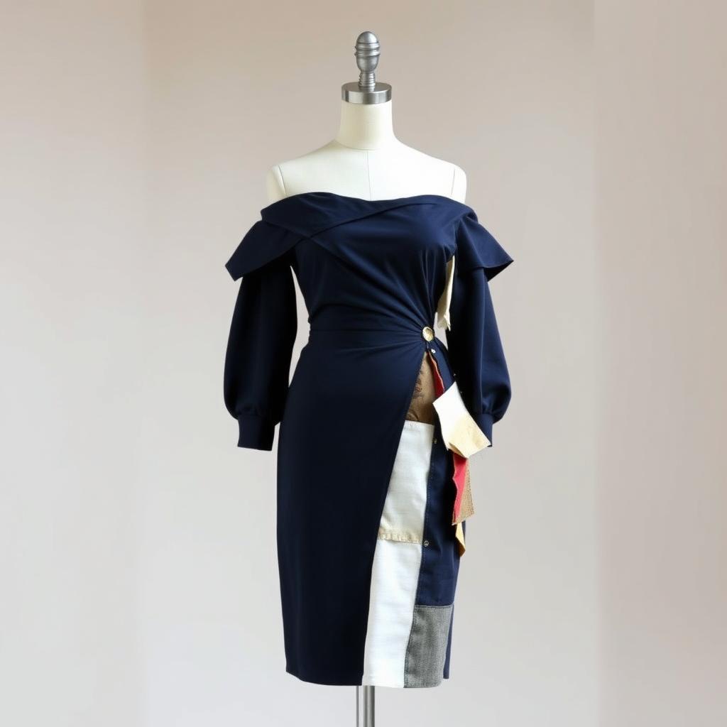 A creative fashion design showcasing a unique dress that is half a stylish navy blue dress with an off-shoulder design, while the other half is an innovative take on sustainability