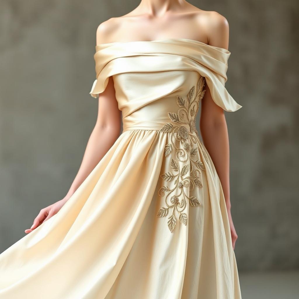 An elegant off-shoulder dress designed as a unique fashion statement, where one half is a classic, luxurious fabric with a flowing silhouette, and the other half is creatively repurposed from the same original dress