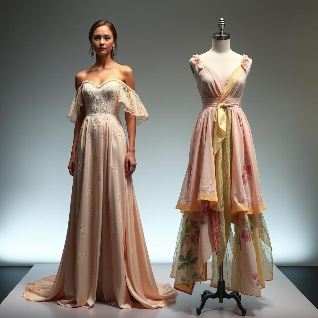 A beautifully designed elegant dress with off-shoulder sleeves, featuring intricate lace detailing and a flowing skirt that elegantly trails behind