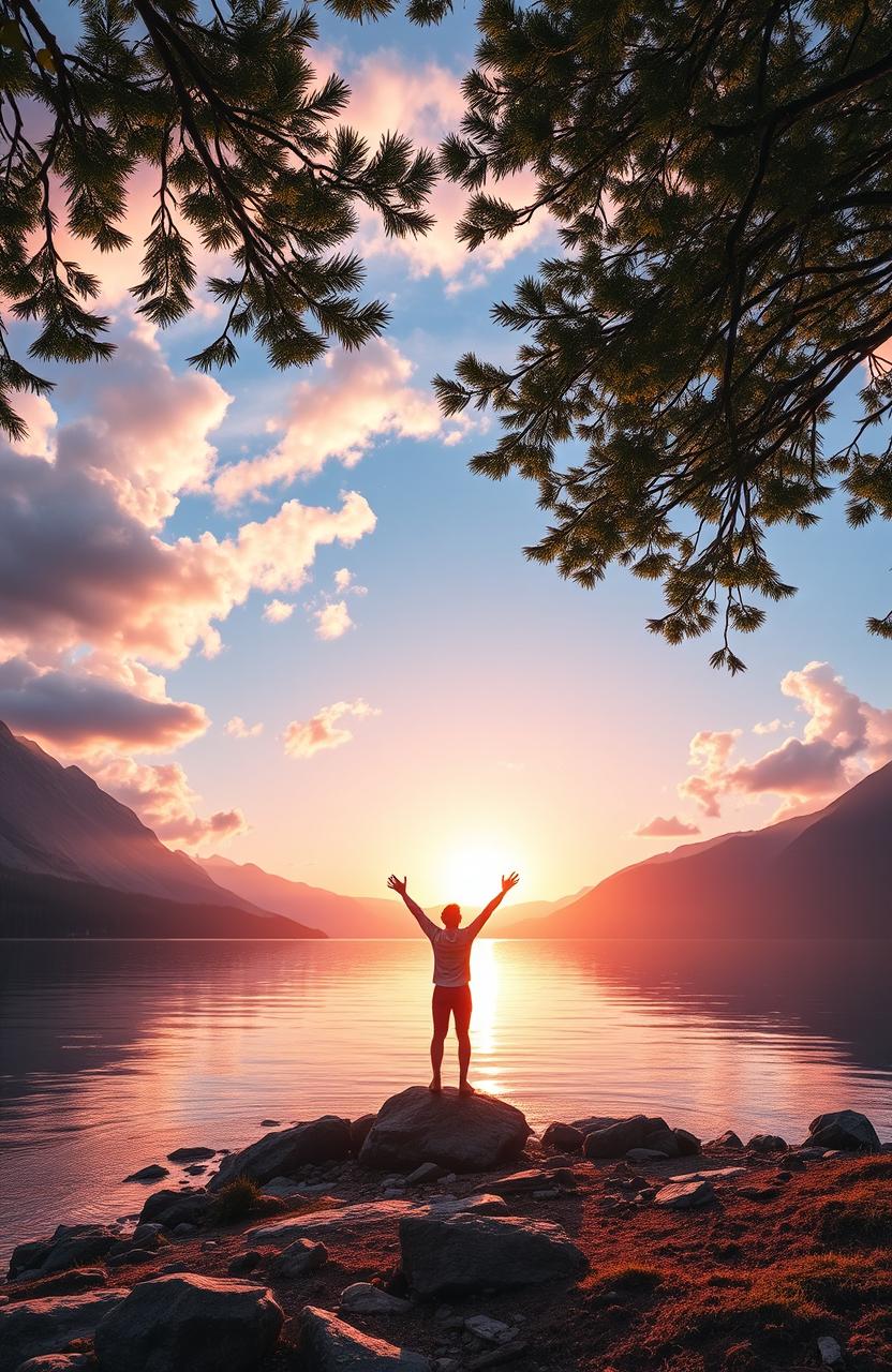 A serene and inspiring landscape depicting a breathtaking sunrise over a tranquil lake, surrounded by majestic mountains