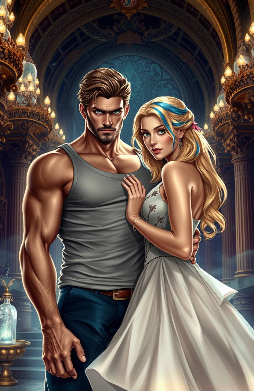 A scene depicting a strong, brutal-looking man with brown hair and captivating green eyes, wearing a stylish camisole