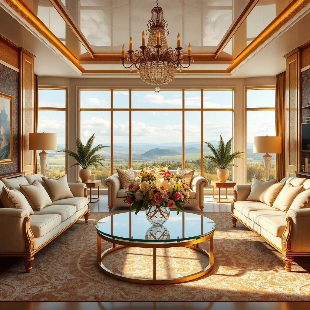 A stunning digital artwork depicting a luxurious environment with gold accents