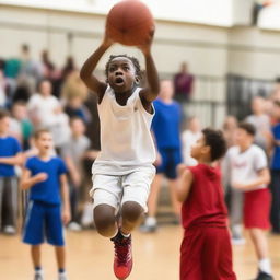 A focused child in mid-jump, throwing a basketball towards the net during a high-energy basketball tournament, with excited spectators in the background.