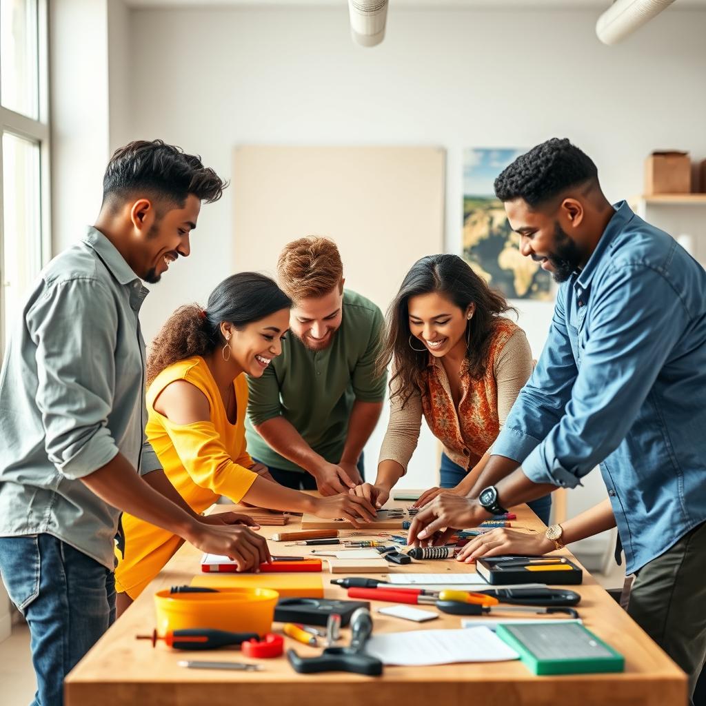 A vibrant scene depicting people of diverse backgrounds collaborating harmoniously in a team setting