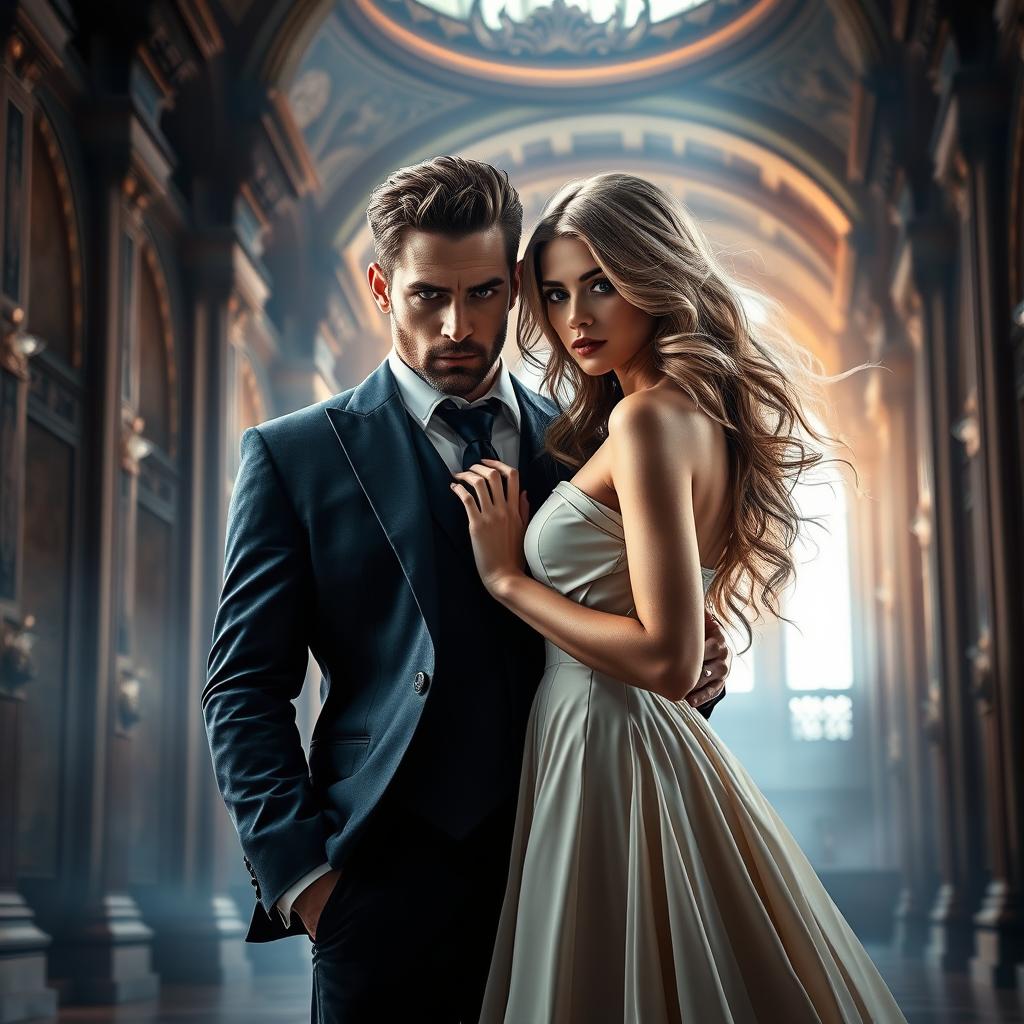 A striking scene featuring a powerful and brutal man with brown hair and intense green eyes, dressed in a tailored, elegant suit