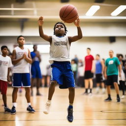 A focused child in mid-jump, throwing a basketball towards the net during a high-energy basketball tournament, with excited spectators in the background.