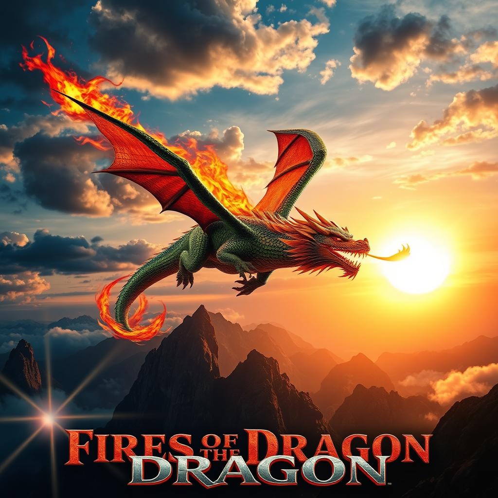 A dramatic and visually stunning movie poster featuring a fire-breathing dragon soaring through the sky