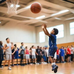 A focused child in mid-jump, throwing a basketball towards the net during a high-energy basketball tournament, with excited spectators in the background.