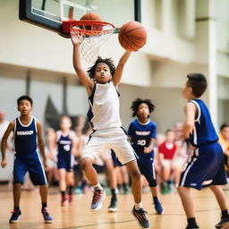 A focused child in mid-jump, throwing a basketball towards the net during a high-energy basketball tournament, with excited spectators in the background.