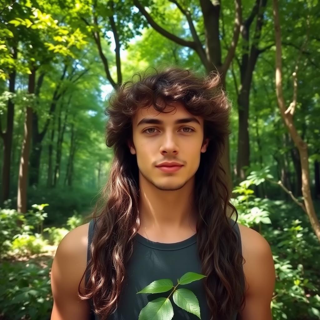 A person with long, curly hair and a handsome face, standing confidently in a lush, vibrant forest