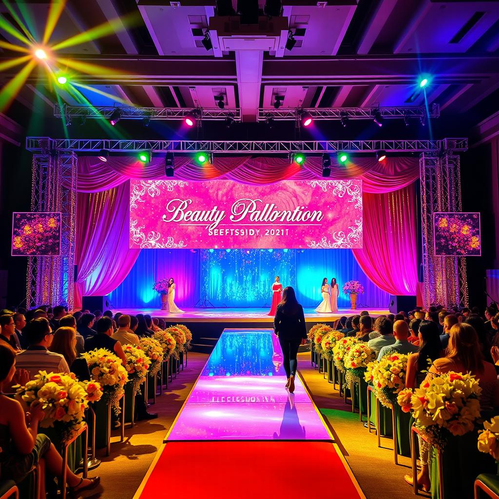 A vibrant beauty pageant stage, adorned with colorful lights and glamorous decorations