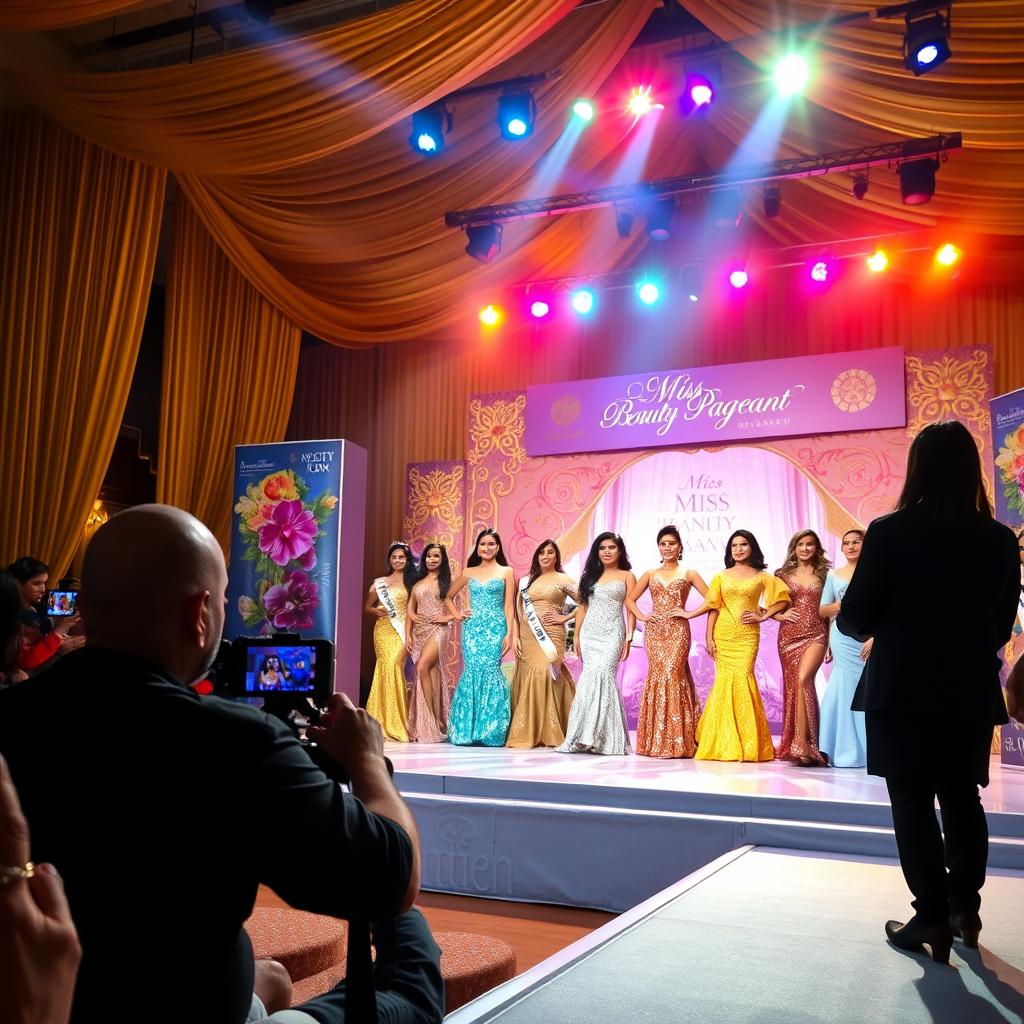 A vibrant beauty pageant stage, elegantly decorated with golden drapes and sparkling lights, showcasing a luxurious atmosphere