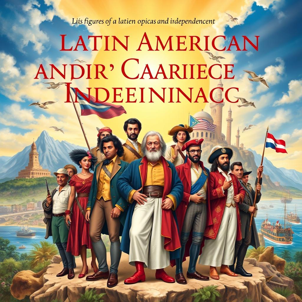 A richly detailed illustration for a book cover depicting the key figures of Latin American and Caribbean independence