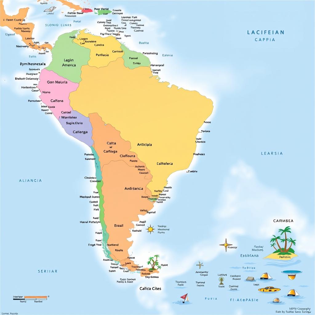 A detailed and colorful map of Latin America and the Caribbean, featuring all countries, borders, and capital cities clearly marked
