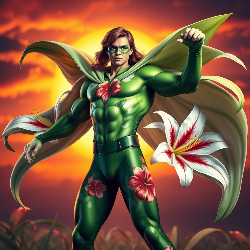 A superhero inspired by lilies, featuring vibrant floral patterns on their costume, with large lily petals gracefully flowing from their shoulders