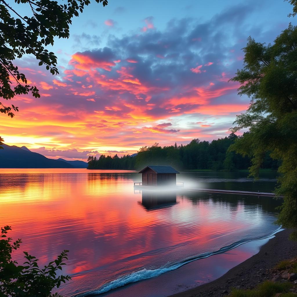 A beautifully enhanced photo of a serene landscape during sunset, featuring a vibrant sky with hues of orange, pink, and purple reflected in calm waters