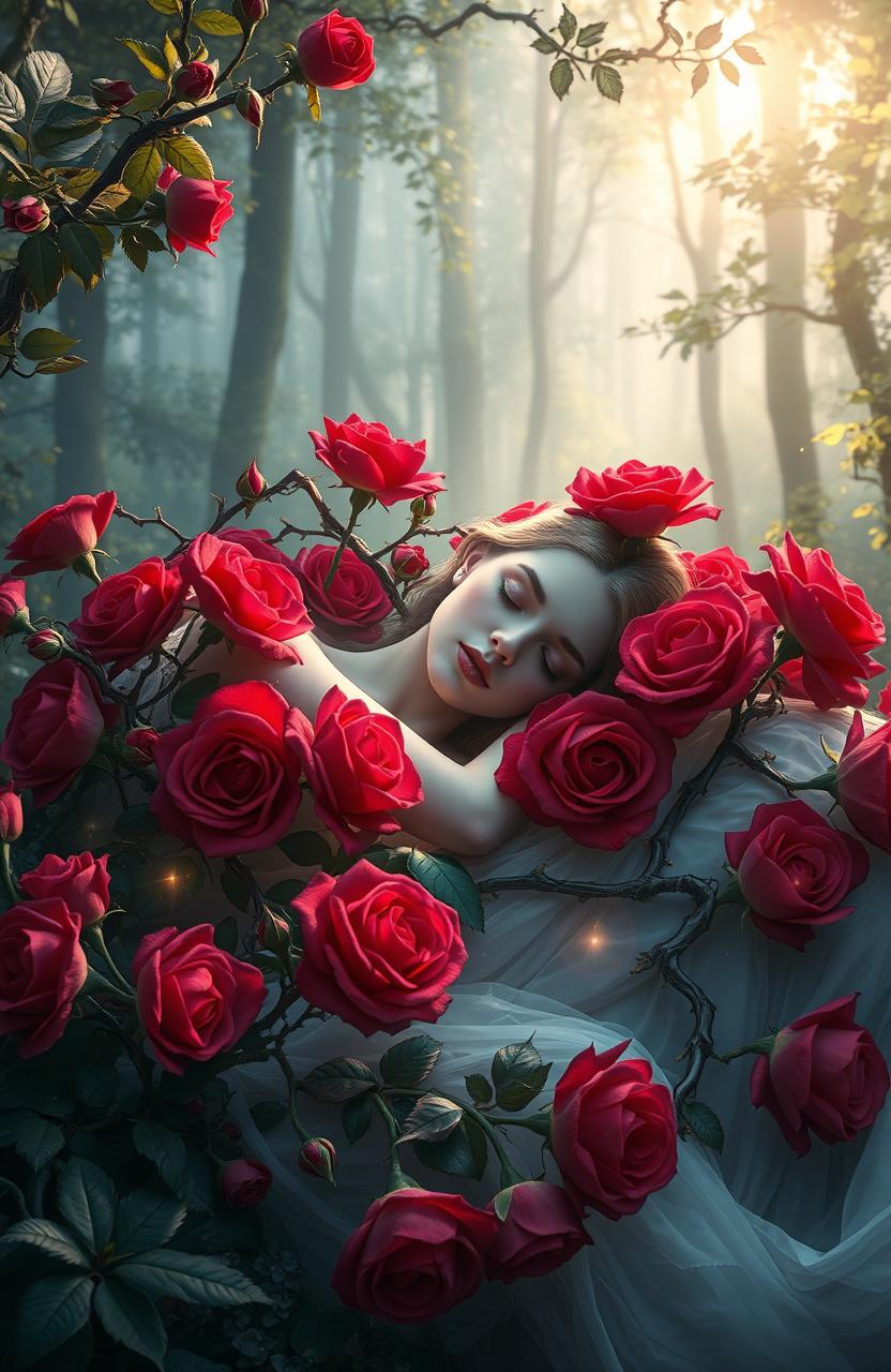 A dreamlike scene inspired by the aesthetics of Sleeping Beauty and Shadowhunters, featuring a serene landscape with a beautiful sleeping figure surrounded by carmine roses in full bloom