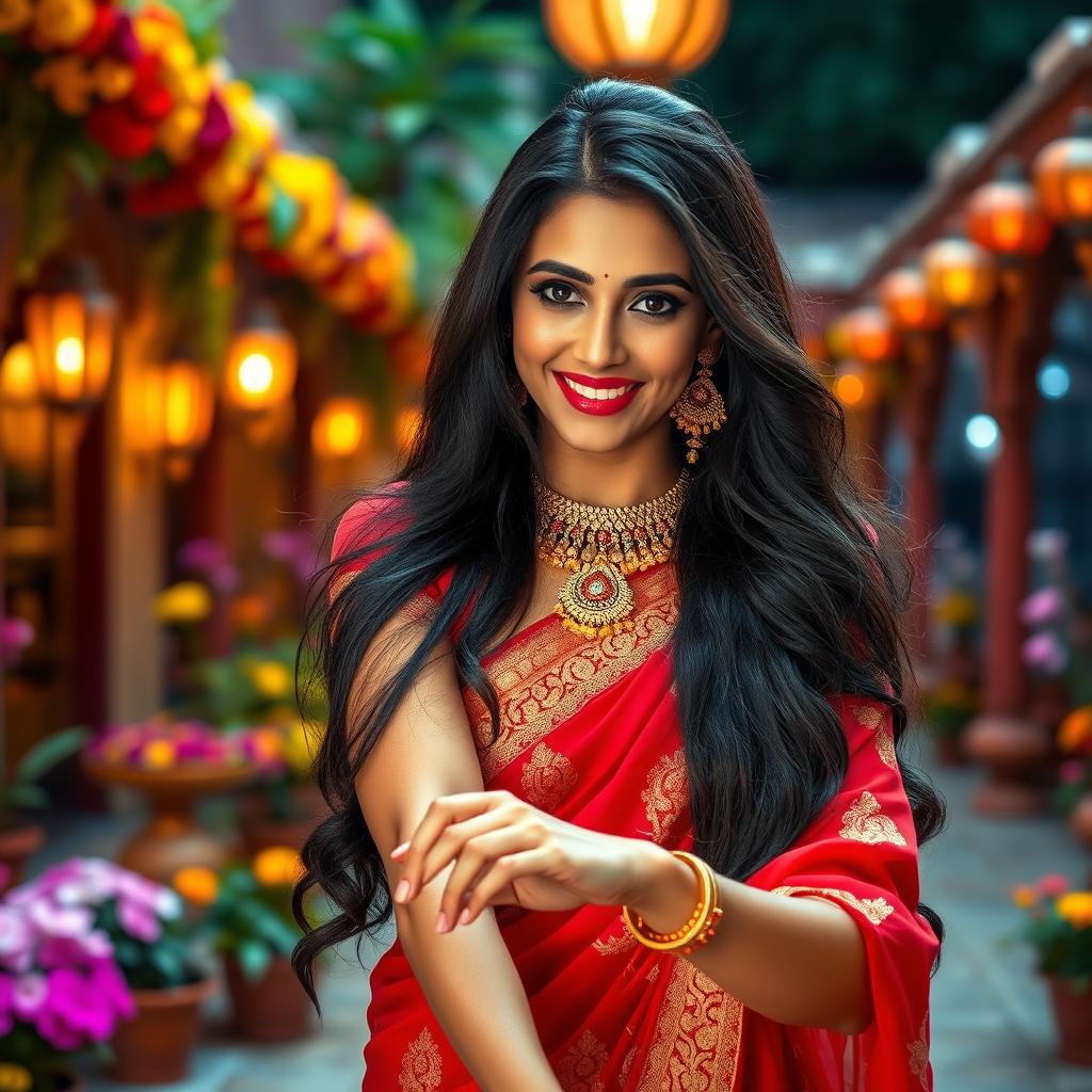 A stunning Indian woman with long, luxurious black hair, wearing a vibrant red saree embellished with intricate gold patterns