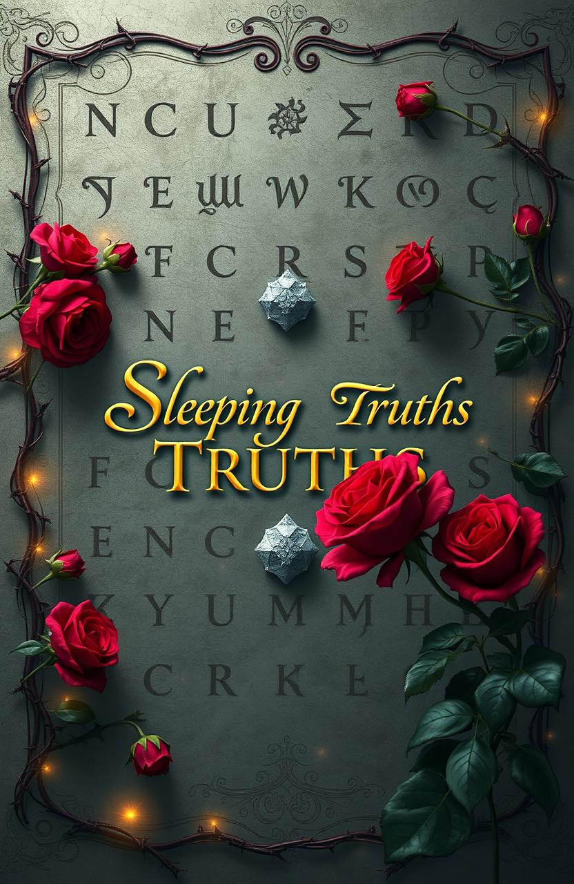 A beautiful and enchanting scene inspired by Sleeping Beauty and Shadowhunters, featuring intricate runes engraved on a mystical background, intertwined with vibrant carmine roses and sharp thorns forming elegant vines along the edges