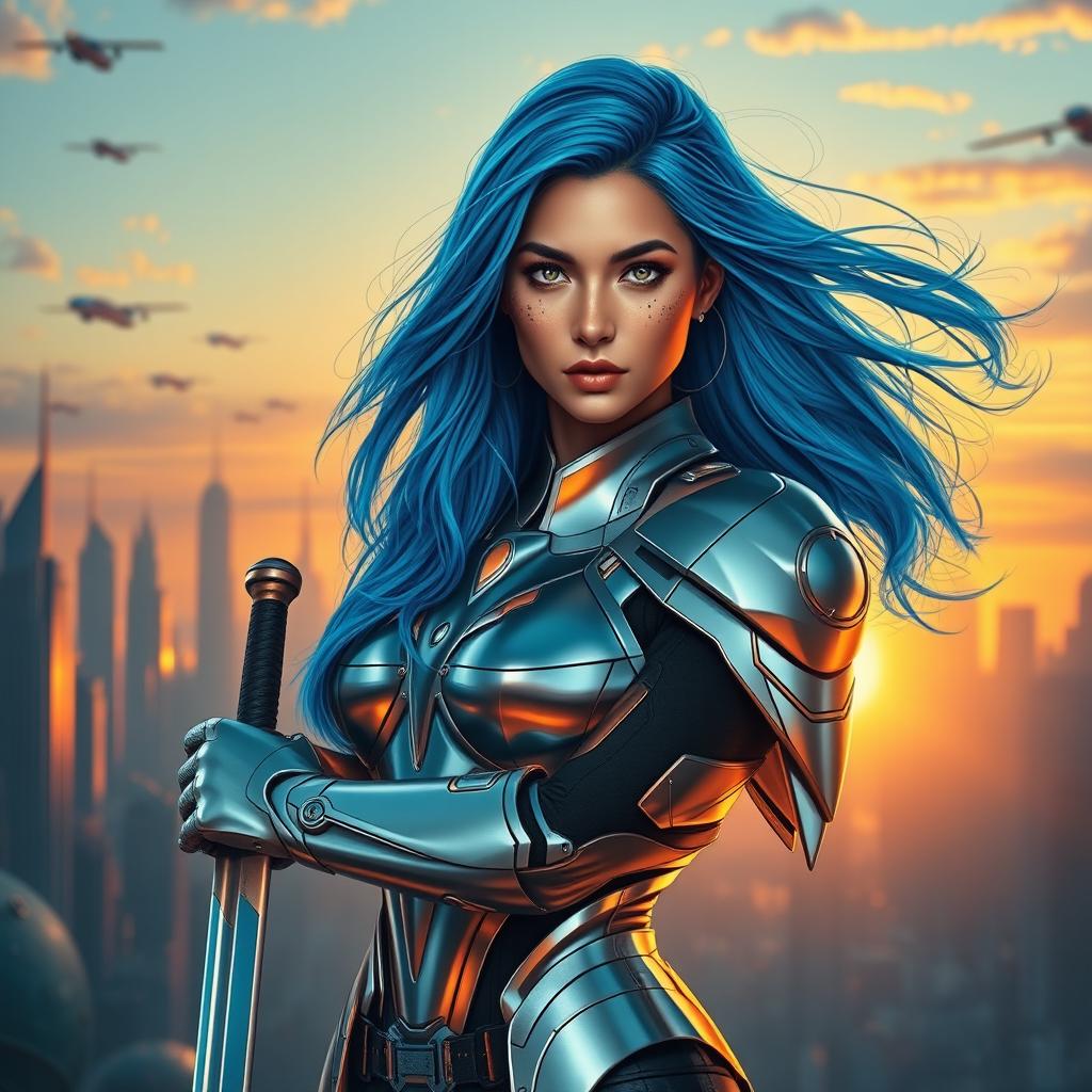 A stunning portrait of a futuristic female warrior with vibrant, flowing blue hair, wearing sleek, high-tech armor that shimmers