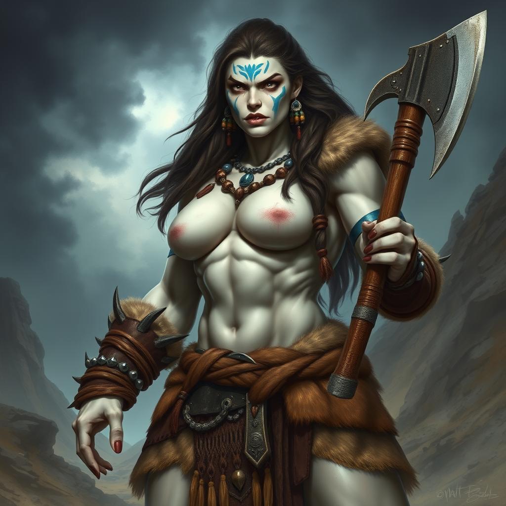 A striking female Goliath barbarian, towering and muscular with milk-white skin and pale, piercing eyes
