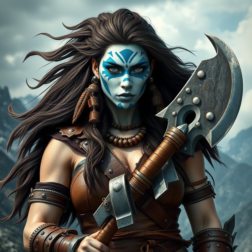 A powerful female Goliath barbarian, distinguished by her striking milk-white skin and captivating pale eyes that reflect her fierce warrior spirit