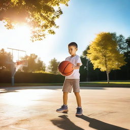 A child with great concentration, shooting a basketball towards the hoop on an outdoor court, surrounded by the natural light of a sunny day.