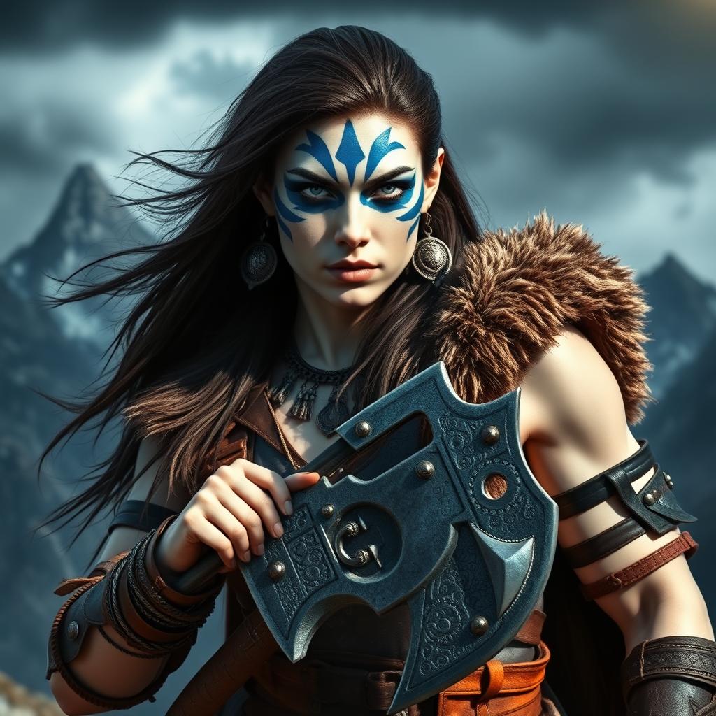 A striking female Goliath barbarian with milk-white skin that gleams in the sunlight