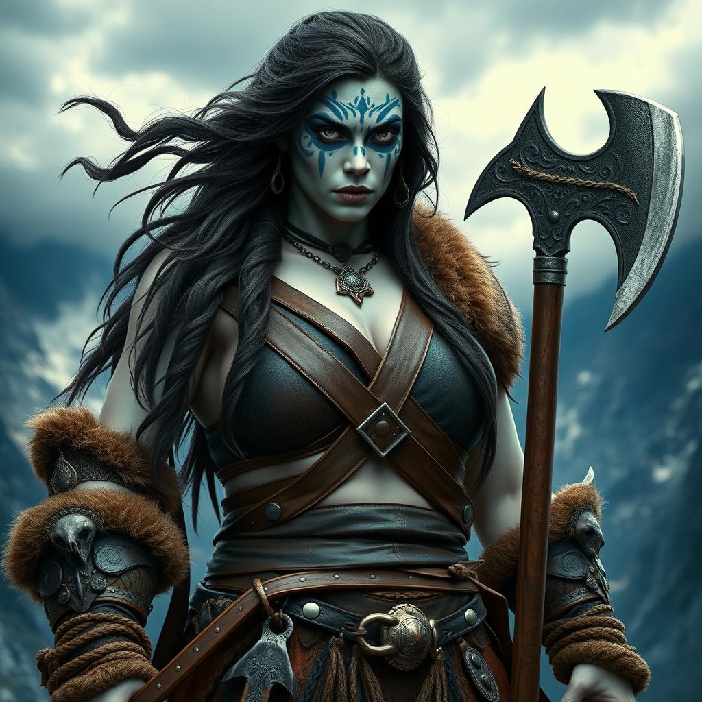 An imposing female Goliath barbarian characterized by her milk-white skin and strikingly pale eyes that exude intensity and determination