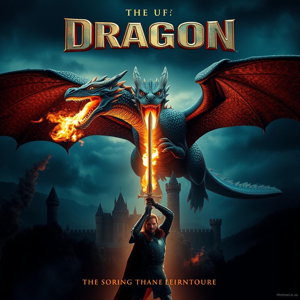 A breathtaking movie poster featuring a colossal fire-breathing dragon soaring through a mystical landscape