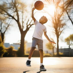 A child with great concentration, shooting a basketball towards the hoop on an outdoor court, surrounded by the natural light of a sunny day.