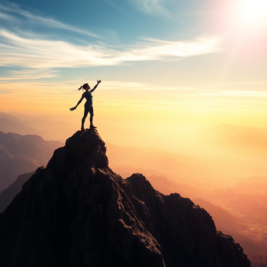 An inspiring scene depicting the theme of 'Limitless freedom', featuring a small, idealized figure standing triumphantly atop a mountain peak against a vast, open sky