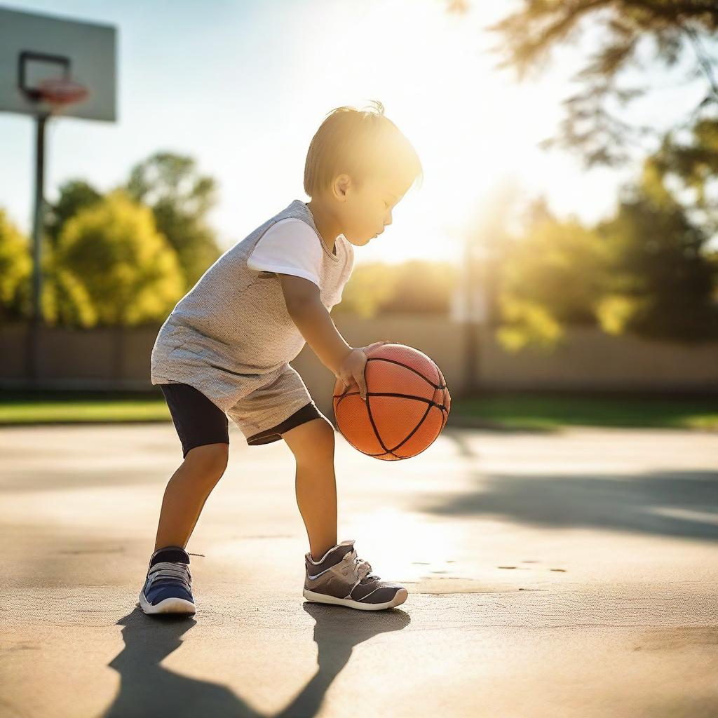 A child with great concentration, shooting a basketball towards the hoop on an outdoor court, surrounded by the natural light of a sunny day.