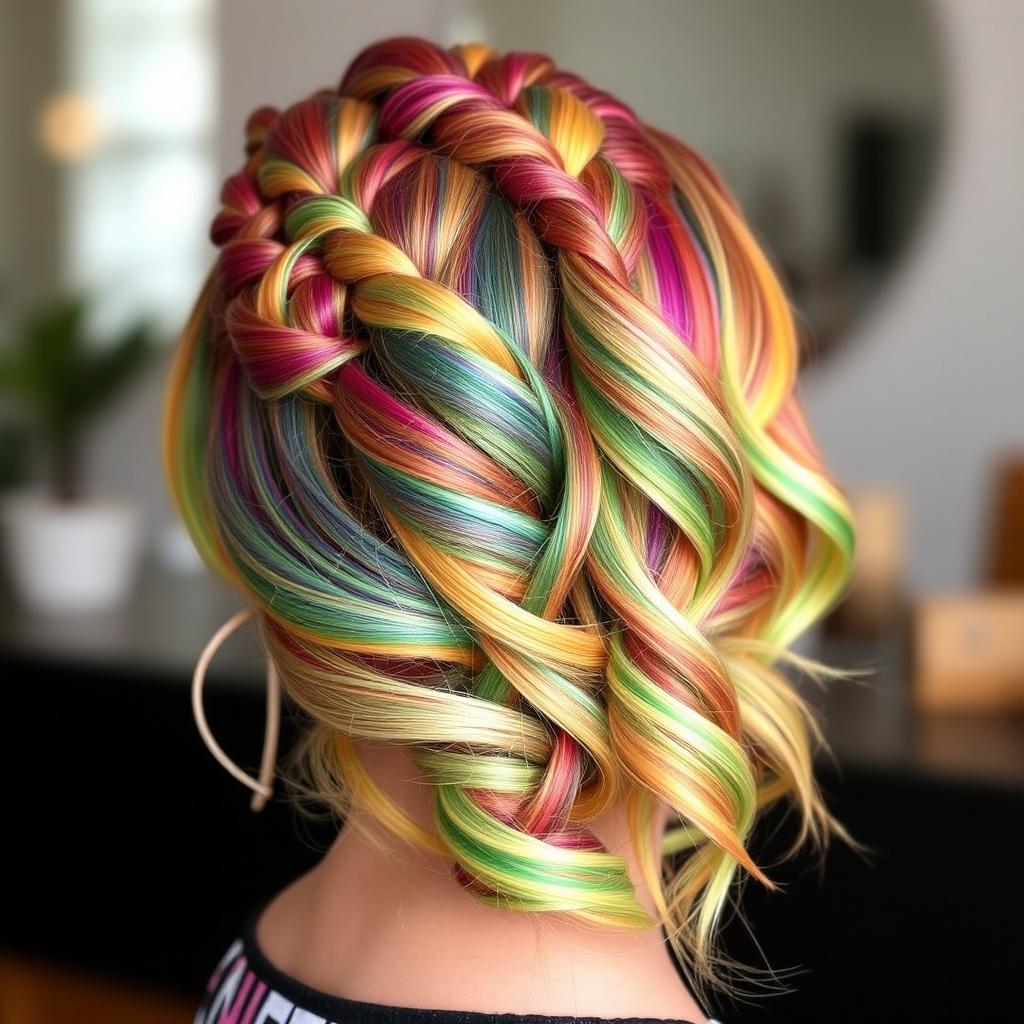 A stunning hairstyle inspired by the Krea trend, featuring vibrant colors, intricate braiding, and stylishly arranged waves
