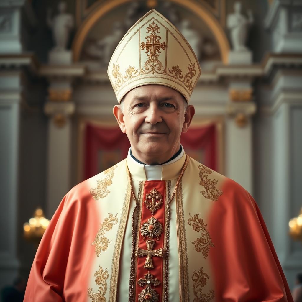 A portrait of a person dressed as the pope, wearing a traditional papal robe and mitre, standing in the Vatican with a serene and majestic demeanor
