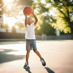 A child with great concentration, shooting a basketball towards the hoop on an outdoor court, surrounded by the natural light of a sunny day.