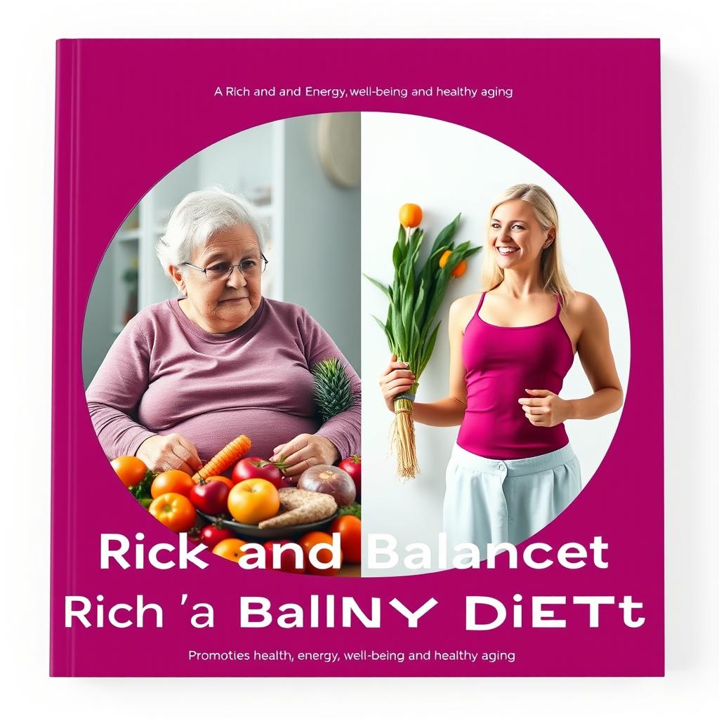A modern and sleek cover design focusing on a rich and balanced diet that promotes health, energy, well-being, and healthy aging