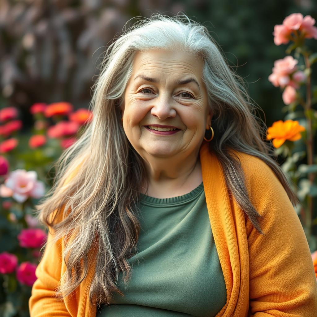 A charming older lady with long, flowing grey hair, radiating warmth and wisdom