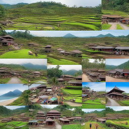 A collage representing life in Indonesia, showcasing vibrant traditional markets, lush rice terraces, bustling city streets, breathtaking beaches, and the rich diversity of Indonesian culture and people.