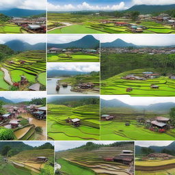 A collage representing life in Indonesia, showcasing vibrant traditional markets, lush rice terraces, bustling city streets, breathtaking beaches, and the rich diversity of Indonesian culture and people.