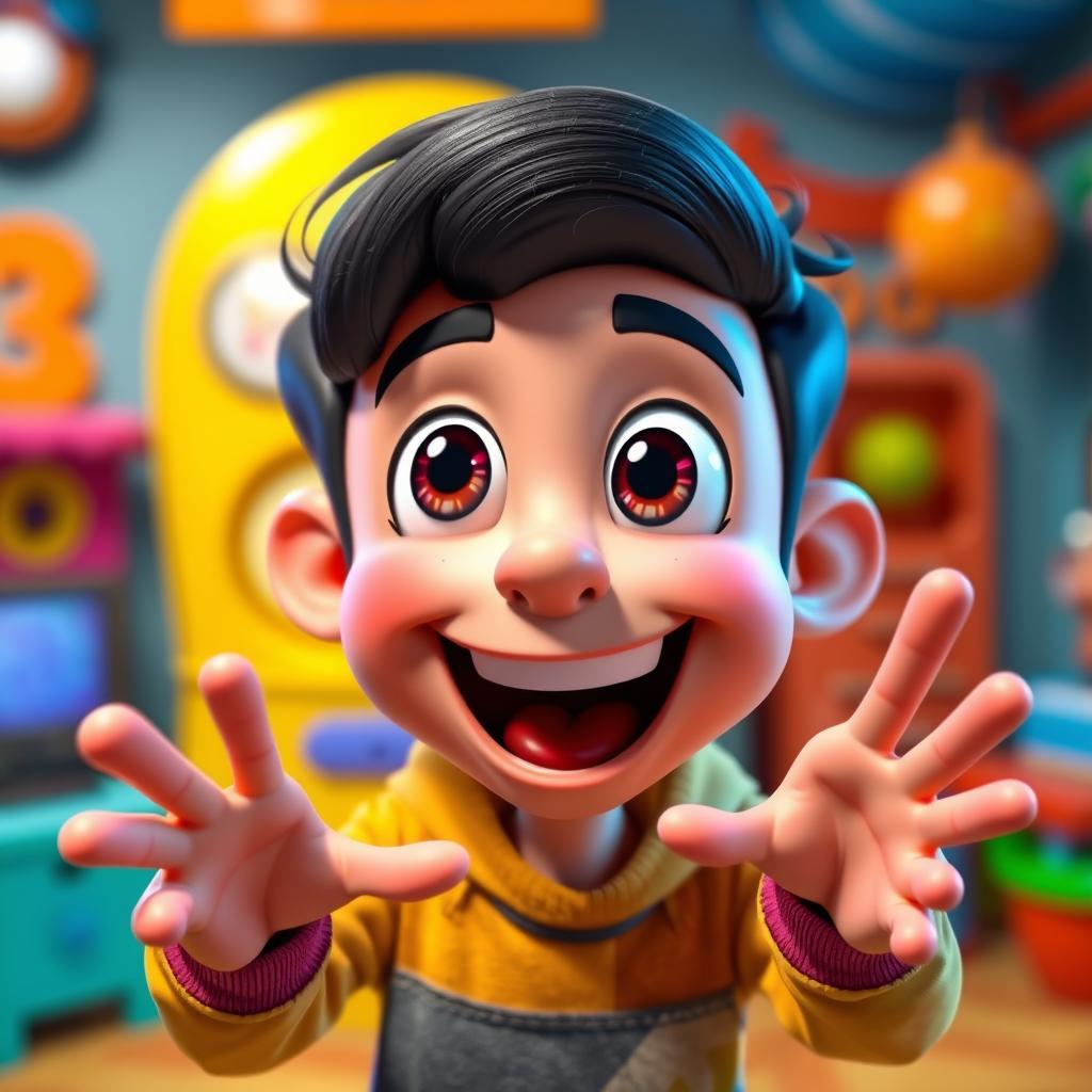 An avatar engaging in animated hand and mouth movements, expressing excitement and joy