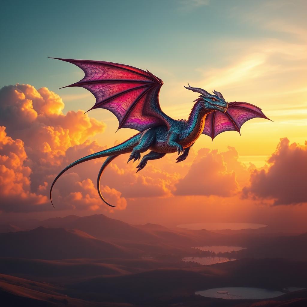 A majestic dragon soaring through a vibrant sunset sky, showcasing its iridescent scales reflecting a spectrum of colors