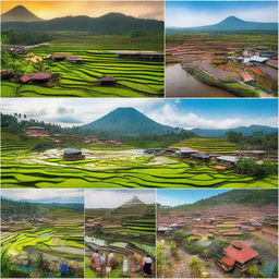 A collage representing life in Indonesia, showcasing vibrant traditional markets, lush rice terraces, bustling city streets, breathtaking beaches, and the rich diversity of Indonesian culture and people.