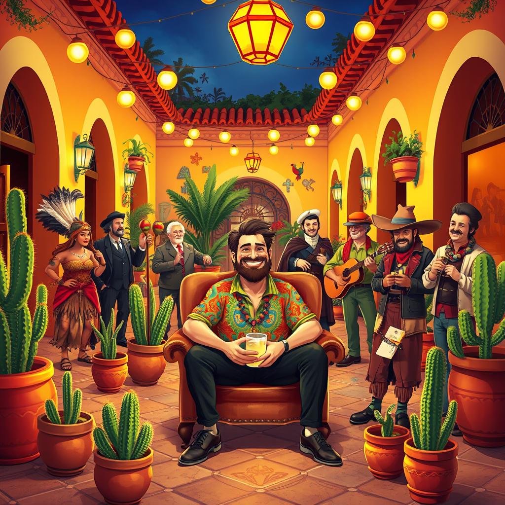 A vibrant Mexican courtyard in the evening, adorned with colorful decorations and ornate tiled floors