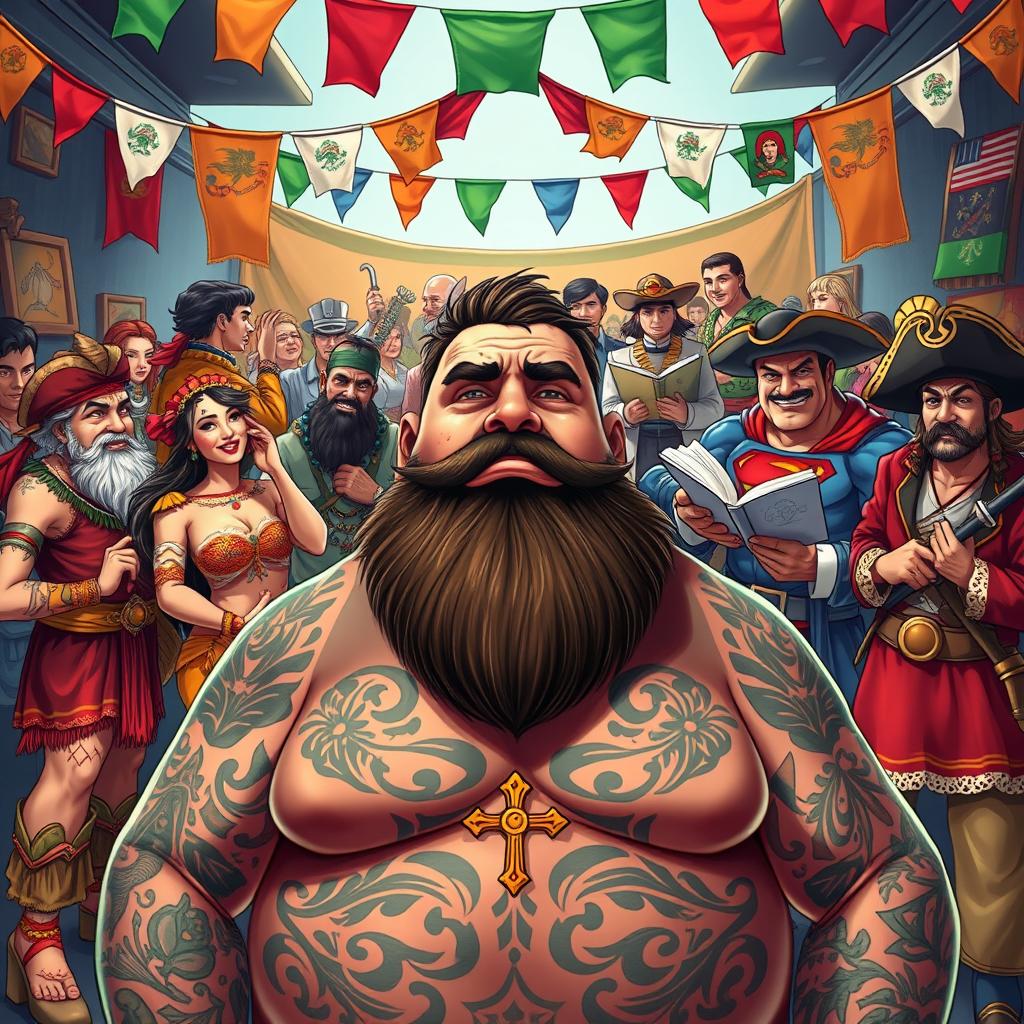 A vibrant scene featuring a Mexican gang gathering in the center