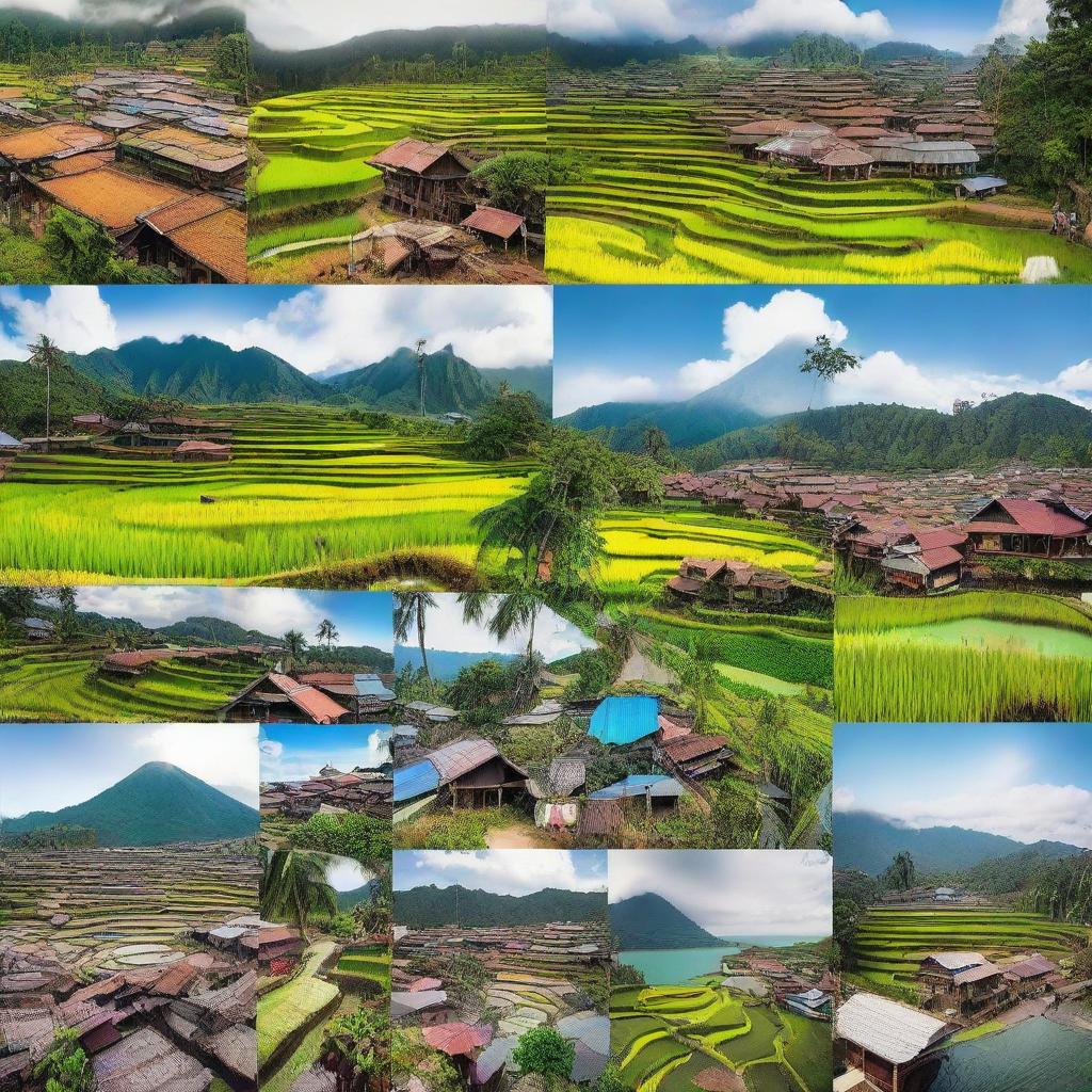 A collage representing life in Indonesia, showcasing vibrant traditional markets, lush rice terraces, bustling city streets, breathtaking beaches, and the rich diversity of Indonesian culture and people.