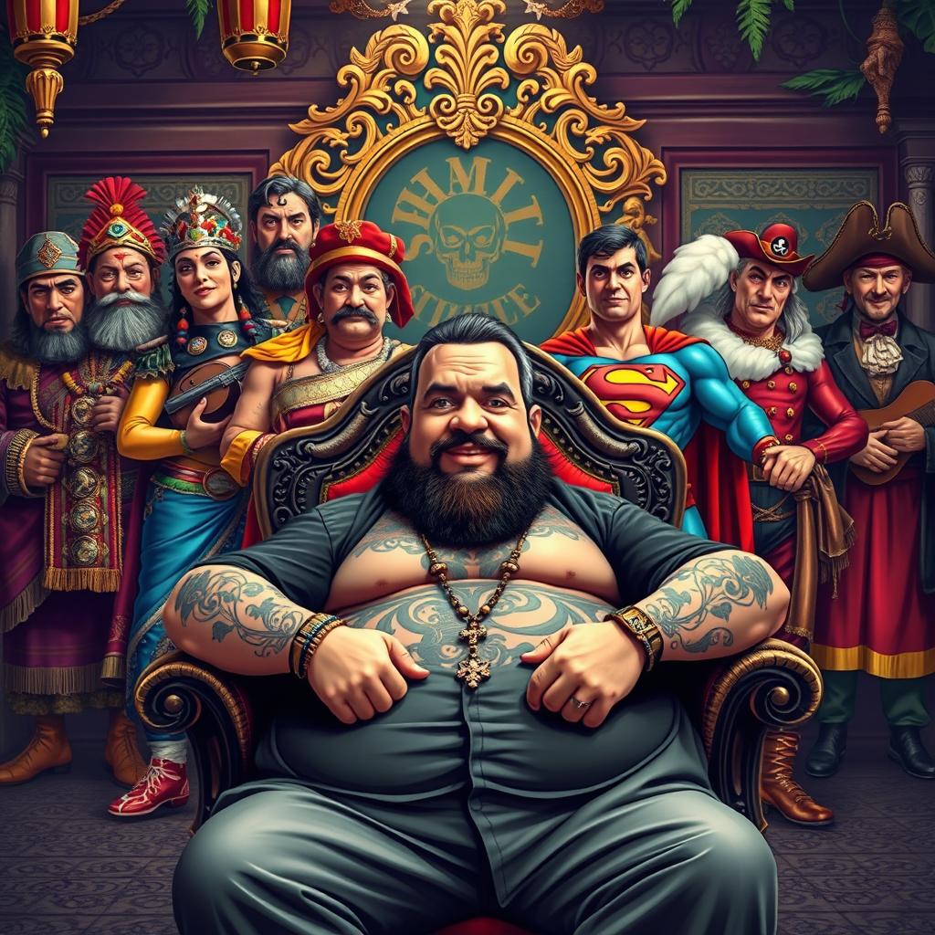 A vibrant scene depicting a gathering of a Mexican gang leader and his diverse entourage, showcasing a slightly overweight boss with a beard, tattooed neck adorned with a rosary tattoo, sitting confidently in an elaborate chair