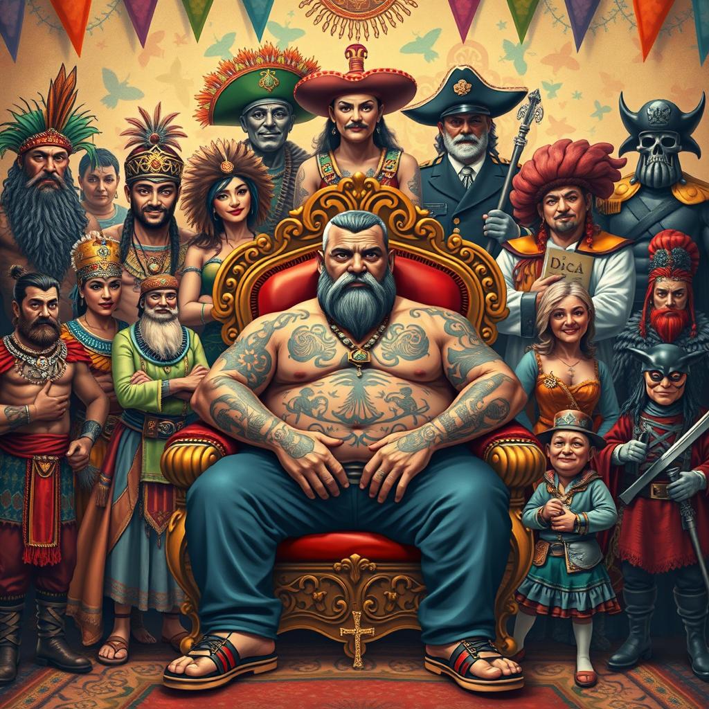 A vivid scene featuring a Mexican gang gathering in the center, focusing on a stout boss with a beard and numerous tattoos, including a rosary tattoo on his neck