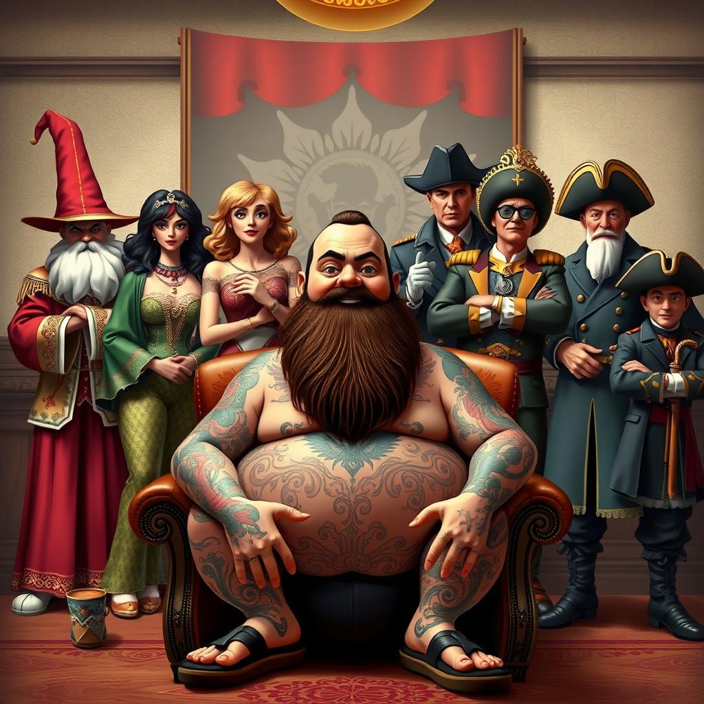A lively scene depicting a gathering of a Mexican band with a plump, bearded boss covered in tattoos, featuring a rosary tattoo on his neck