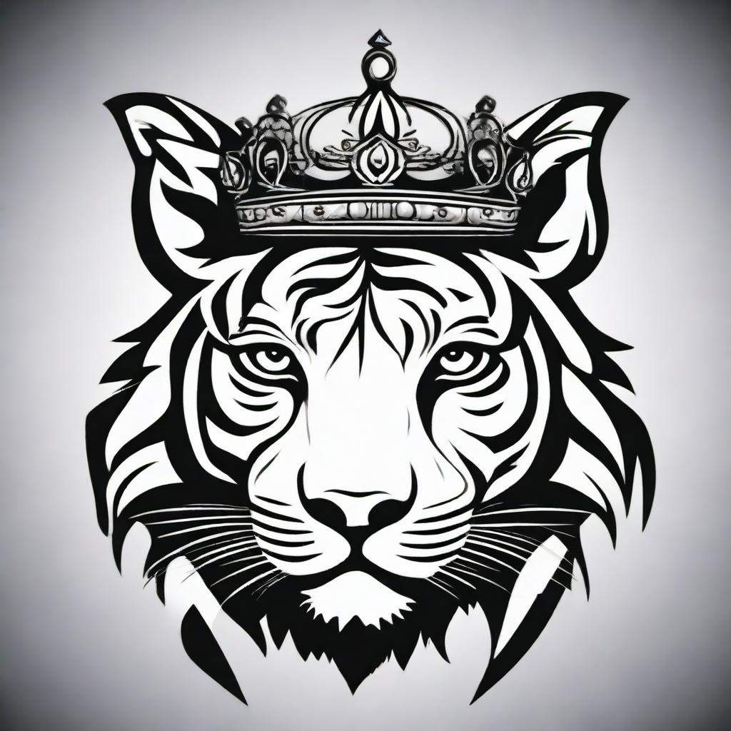 A high contrast, black and white vector-style illustration of a tiger wearing a crown. The design should be simple, flat and in line art form.